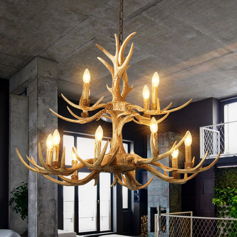 12 Heads Chandelier Lighting Farmhouse 2-Tier Resin Hanging Ceiling Lamp in Brown for Living Room Clearhalo 'Ceiling Lights' 'Chandeliers' Lighting' options 295797