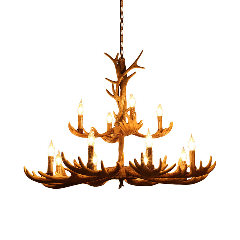 Deer Antler Resin Pendant Chandelier Rustic 12 Bulbs Living Room Suspension Hanging Light in Brown Clearhalo 'Ceiling Lights' 'Chandeliers' Lighting' options 295803