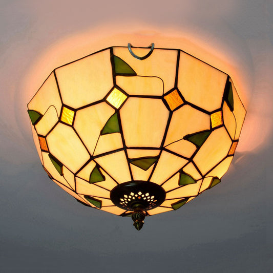 12"/16" W White Dome Ceiling Lamp Tiffany 2/3 Bulbs Multicolored Stained Glass Flush Mount Lighting White 12" Clearhalo 'Ceiling Lights' 'Close To Ceiling Lights' 'Close to ceiling' 'Flush mount' Lighting' 295806