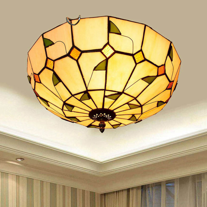 12"/16" W White Dome Ceiling Lamp Tiffany 2/3 Bulbs Multicolored Stained Glass Flush Mount Lighting White 16" Clearhalo 'Ceiling Lights' 'Close To Ceiling Lights' 'Close to ceiling' 'Flush mount' Lighting' 295811