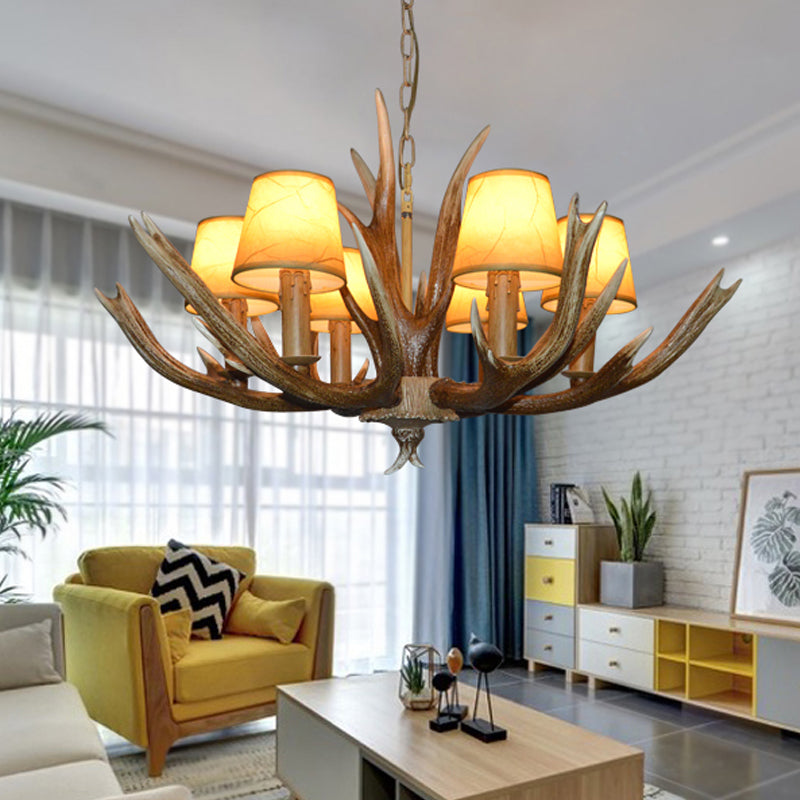 Resin Brown Ceiling Chandelier Branch 4/6/8 Bulbs Traditional Pendant Light Fixture with Beige Cone Fabric Shade Clearhalo 'Ceiling Lights' 'Chandeliers' Lighting' options 295815