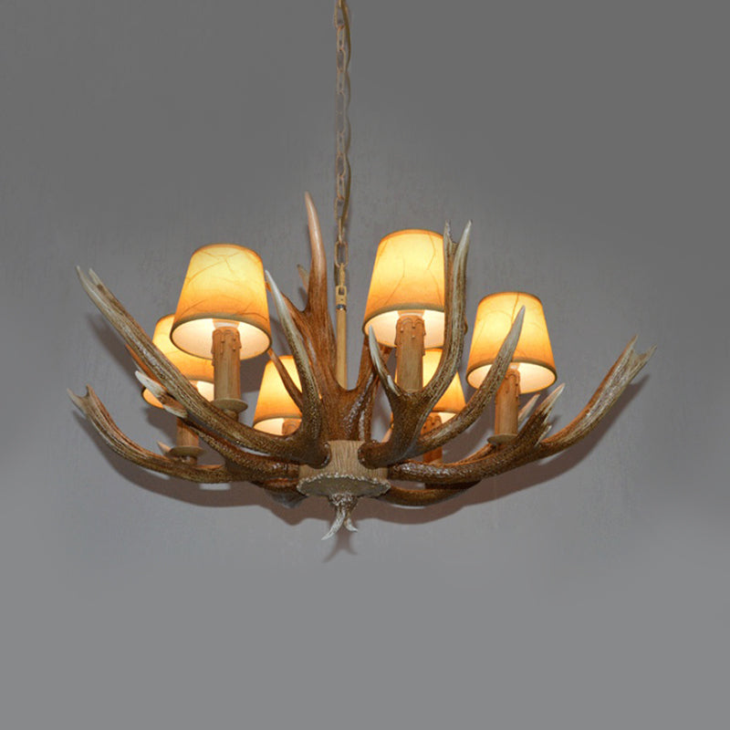 Resin Brown Ceiling Chandelier Branch 4/6/8 Bulbs Traditional Pendant Light Fixture with Beige Cone Fabric Shade Clearhalo 'Ceiling Lights' 'Chandeliers' Lighting' options 295816