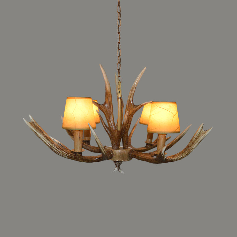 Resin Brown Ceiling Chandelier Branch 4/6/8 Bulbs Traditional Pendant Light Fixture with Beige Cone Fabric Shade 4 Brown Clearhalo 'Ceiling Lights' 'Chandeliers' Lighting' options 295821_12dd2022-3d62-4c53-8f8e-e6e913804b2d