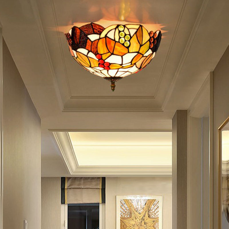 12"/16" W Tiffany Bowl Flush Mount Recessed Lighting 2/3 Bulbs Handcrafted Stained Glass Close to Ceiling Lamp Bronze 12" Clearhalo 'Ceiling Lights' 'Close To Ceiling Lights' 'Close to ceiling' 'Flush mount' Lighting' 295823