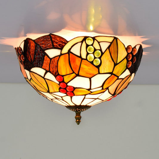 12"/16" W Tiffany Bowl Flush Mount Recessed Lighting 2/3 Bulbs Handcrafted Stained Glass Close to Ceiling Lamp Clearhalo 'Ceiling Lights' 'Close To Ceiling Lights' 'Close to ceiling' 'Flush mount' Lighting' 295824