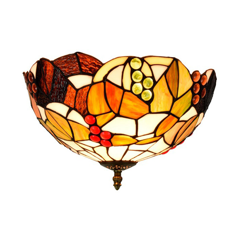 12"/16" W Tiffany Bowl Flush Mount Recessed Lighting 2/3 Bulbs Handcrafted Stained Glass Close to Ceiling Lamp Clearhalo 'Ceiling Lights' 'Close To Ceiling Lights' 'Close to ceiling' 'Flush mount' Lighting' 295826