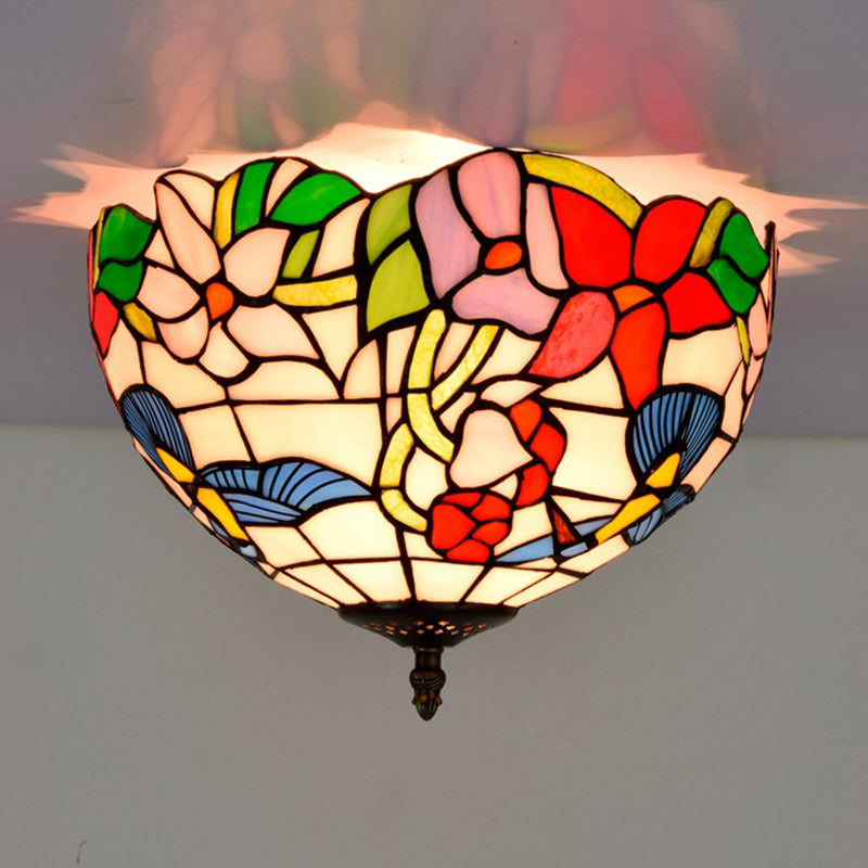 Stained Glass Floral Ceiling Fixture Tiffany 2 Lights Brass Flush Mount Light for Bedroom Clearhalo 'Ceiling Lights' 'Close To Ceiling Lights' 'Close to ceiling' 'Flush mount' Lighting' 295851