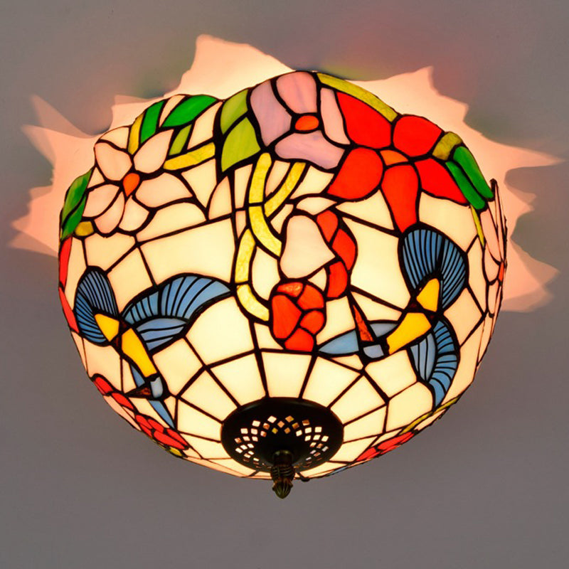 Stained Glass Floral Ceiling Fixture Tiffany 2 Lights Brass Flush Mount Light for Bedroom Clearhalo 'Ceiling Lights' 'Close To Ceiling Lights' 'Close to ceiling' 'Flush mount' Lighting' 295852