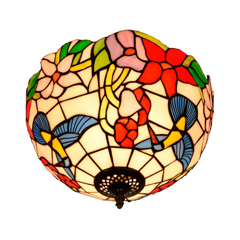 Stained Glass Floral Ceiling Fixture Tiffany 2 Lights Brass Flush Mount Light for Bedroom Clearhalo 'Ceiling Lights' 'Close To Ceiling Lights' 'Close to ceiling' 'Flush mount' Lighting' 295853