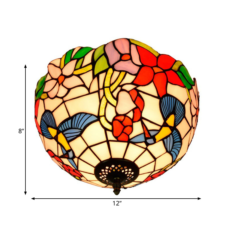 Stained Glass Floral Ceiling Fixture Tiffany 2 Lights Brass Flush Mount Light for Bedroom Clearhalo 'Ceiling Lights' 'Close To Ceiling Lights' 'Close to ceiling' 'Flush mount' Lighting' 295854