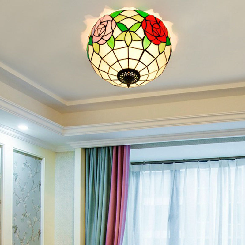 Stained Glass Floral Ceiling Fixture Tiffany 2 Lights Brass Flush Mount Light for Bedroom Brass B Clearhalo 'Ceiling Lights' 'Close To Ceiling Lights' 'Close to ceiling' 'Flush mount' Lighting' 295855