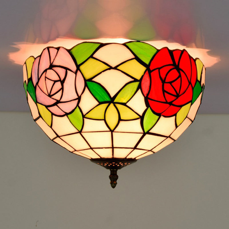 Stained Glass Floral Ceiling Fixture Tiffany 2 Lights Brass Flush Mount Light for Bedroom Clearhalo 'Ceiling Lights' 'Close To Ceiling Lights' 'Close to ceiling' 'Flush mount' Lighting' 295856