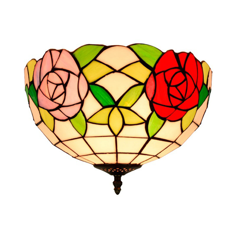 Stained Glass Floral Ceiling Fixture Tiffany 2 Lights Brass Flush Mount Light for Bedroom Clearhalo 'Ceiling Lights' 'Close To Ceiling Lights' 'Close to ceiling' 'Flush mount' Lighting' 295857