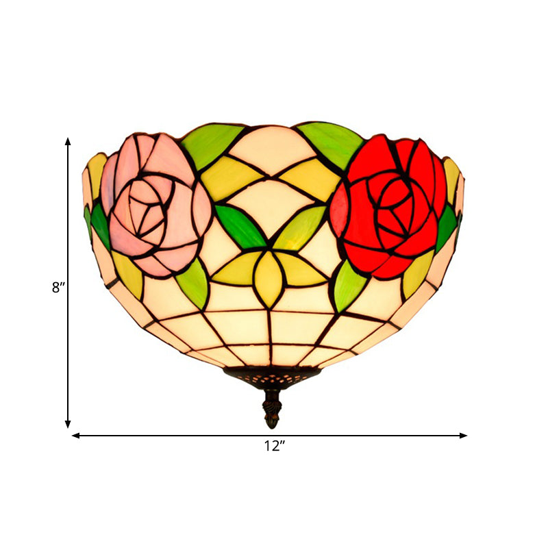 Stained Glass Floral Ceiling Fixture Tiffany 2 Lights Brass Flush Mount Light for Bedroom Clearhalo 'Ceiling Lights' 'Close To Ceiling Lights' 'Close to ceiling' 'Flush mount' Lighting' 295858