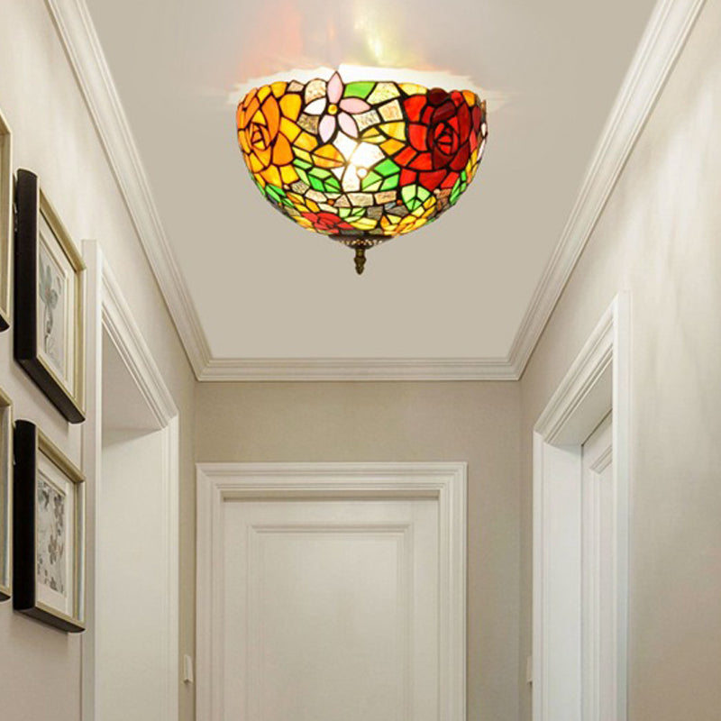 Stained Glass Floral Ceiling Fixture Tiffany 2 Lights Brass Flush Mount Light for Bedroom Brass C Clearhalo 'Ceiling Lights' 'Close To Ceiling Lights' 'Close to ceiling' 'Flush mount' Lighting' 295859