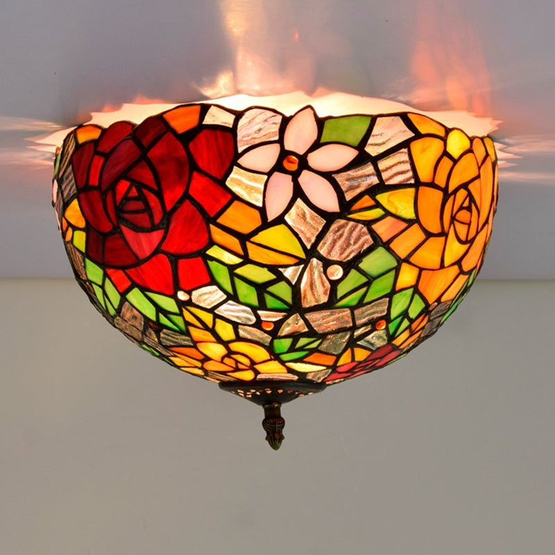 Stained Glass Floral Ceiling Fixture Tiffany 2 Lights Brass Flush Mount Light for Bedroom Clearhalo 'Ceiling Lights' 'Close To Ceiling Lights' 'Close to ceiling' 'Flush mount' Lighting' 295860