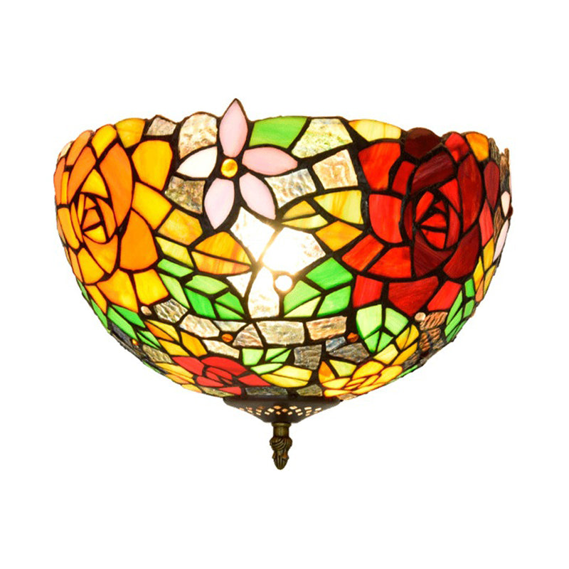 Stained Glass Floral Ceiling Fixture Tiffany 2 Lights Brass Flush Mount Light for Bedroom Clearhalo 'Ceiling Lights' 'Close To Ceiling Lights' 'Close to ceiling' 'Flush mount' Lighting' 295861