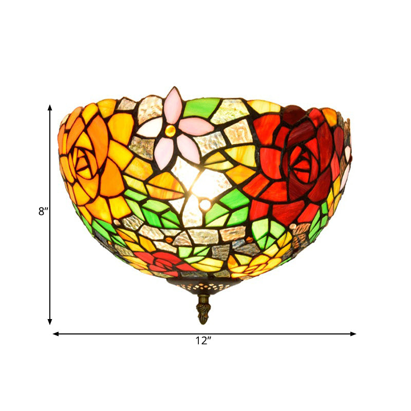 Stained Glass Floral Ceiling Fixture Tiffany 2 Lights Brass Flush Mount Light for Bedroom Clearhalo 'Ceiling Lights' 'Close To Ceiling Lights' 'Close to ceiling' 'Flush mount' Lighting' 295862