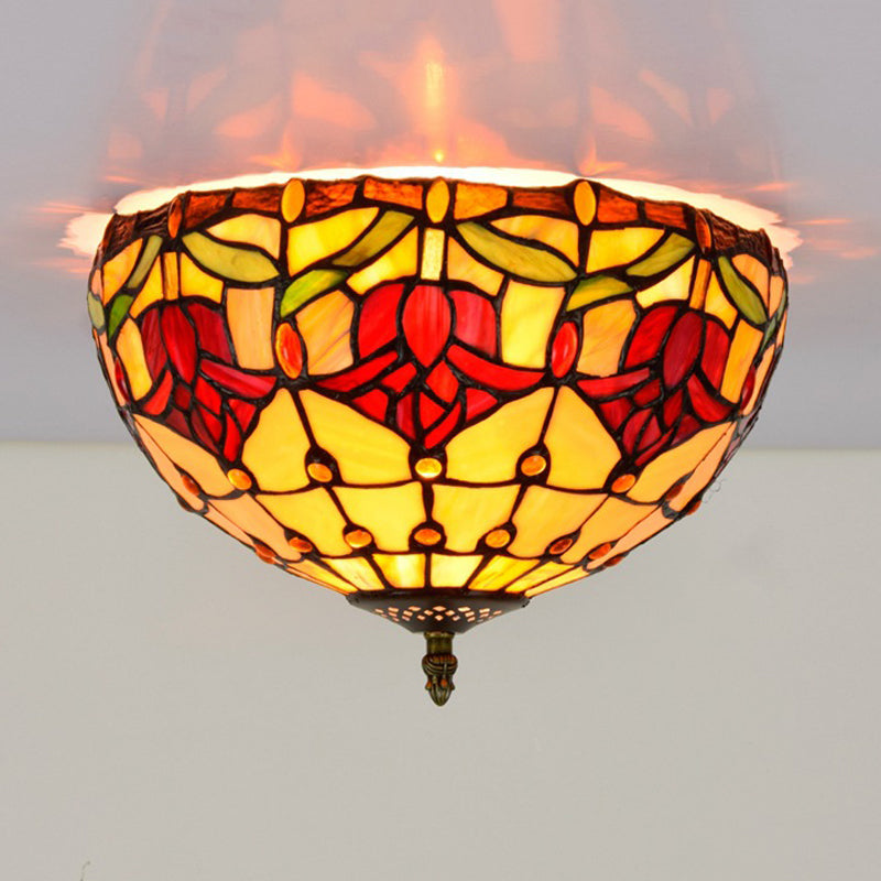 Stained Glass Floral Ceiling Fixture Tiffany 2 Lights Brass Flush Mount Light for Bedroom Brass D Clearhalo 'Ceiling Lights' 'Close To Ceiling Lights' 'Close to ceiling' 'Flush mount' Lighting' 295863