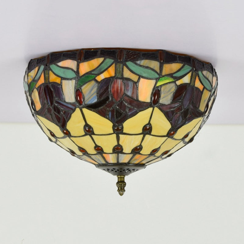 Stained Glass Floral Ceiling Fixture Tiffany 2 Lights Brass Flush Mount Light for Bedroom Clearhalo 'Ceiling Lights' 'Close To Ceiling Lights' 'Close to ceiling' 'Flush mount' Lighting' 295864