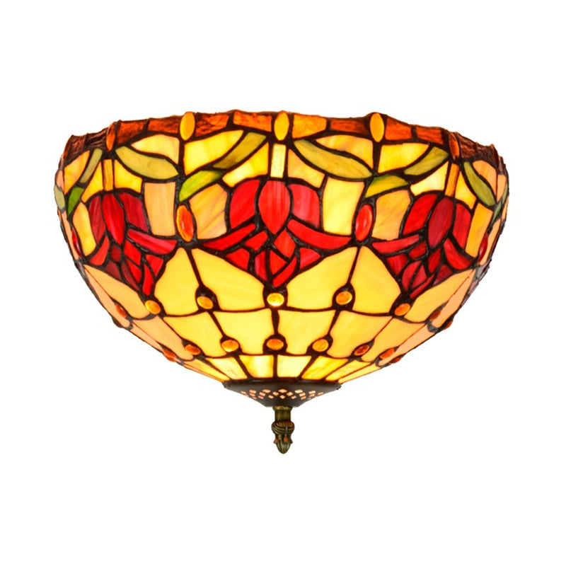 Stained Glass Floral Ceiling Fixture Tiffany 2 Lights Brass Flush Mount Light for Bedroom Clearhalo 'Ceiling Lights' 'Close To Ceiling Lights' 'Close to ceiling' 'Flush mount' Lighting' 295865