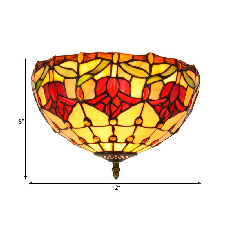 Stained Glass Floral Ceiling Fixture Tiffany 2 Lights Brass Flush Mount Light for Bedroom Clearhalo 'Ceiling Lights' 'Close To Ceiling Lights' 'Close to ceiling' 'Flush mount' Lighting' 295866