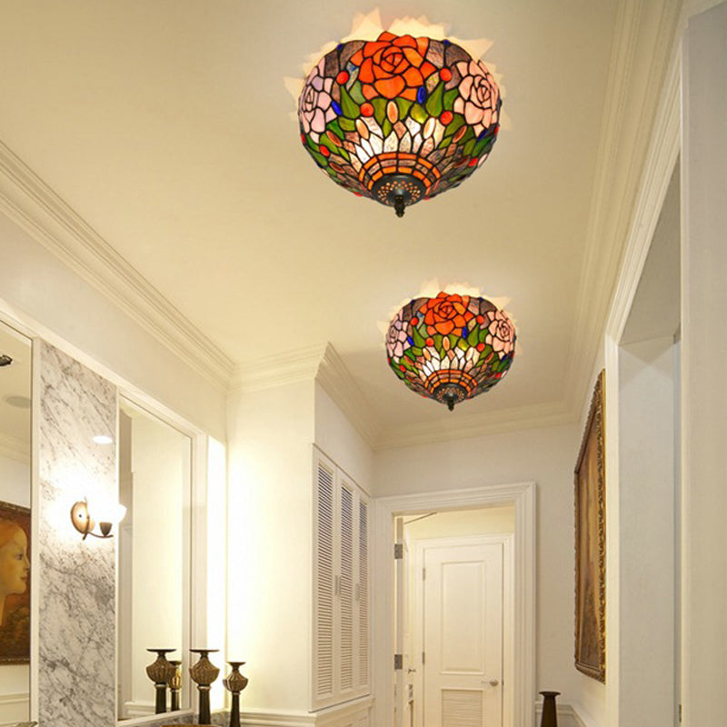 Brass Blossom Lighting Fixture Tiffany 2 Bulbs Multicolored Stained Glass Flush Mount Ceiling Light Brass Clearhalo 'Ceiling Lights' 'Close To Ceiling Lights' 'Close to ceiling' 'Flush mount' Lighting' 295867