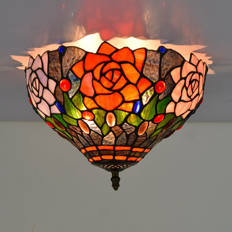 Brass Blossom Lighting Fixture Tiffany 2 Bulbs Multicolored Stained Glass Flush Mount Ceiling Light Clearhalo 'Ceiling Lights' 'Close To Ceiling Lights' 'Close to ceiling' 'Flush mount' Lighting' 295868