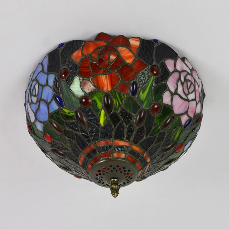 Brass Blossom Lighting Fixture Tiffany 2 Bulbs Multicolored Stained Glass Flush Mount Ceiling Light Clearhalo 'Ceiling Lights' 'Close To Ceiling Lights' 'Close to ceiling' 'Flush mount' Lighting' 295869