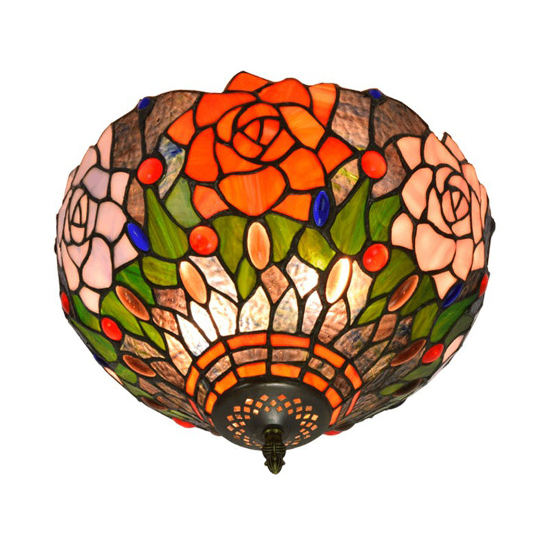 Brass Blossom Lighting Fixture Tiffany 2 Bulbs Multicolored Stained Glass Flush Mount Ceiling Light Clearhalo 'Ceiling Lights' 'Close To Ceiling Lights' 'Close to ceiling' 'Flush mount' Lighting' 295870