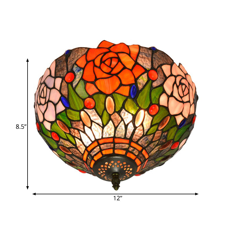 Brass Blossom Lighting Fixture Tiffany 2 Bulbs Multicolored Stained Glass Flush Mount Ceiling Light Clearhalo 'Ceiling Lights' 'Close To Ceiling Lights' 'Close to ceiling' 'Flush mount' Lighting' 295871