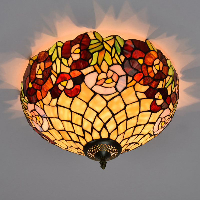 Tiffany-Style Bloom Flush Mount Recessed Lighting 3 Bulb Handcrafted Stained Glass Close to Ceiling Lamp in Bronze Clearhalo 'Ceiling Lights' 'Close To Ceiling Lights' 'Close to ceiling' 'Flush mount' Lighting' 295873