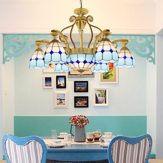 Cut Glass Orange/Blue/Dark Blue Hanging Chandelier Domed 8/11 Lights Tiffany Style Pendant Light Kit, 31.5"/37.5" Wide Sky Blue 31.5" Clearhalo 'Ceiling Lights' 'Chandeliers' 'Close To Ceiling Lights' 'Industrial' 'Middle Century Chandeliers' 'Tiffany Chandeliers' 'Tiffany close to ceiling' 'Tiffany' Lighting' 295894