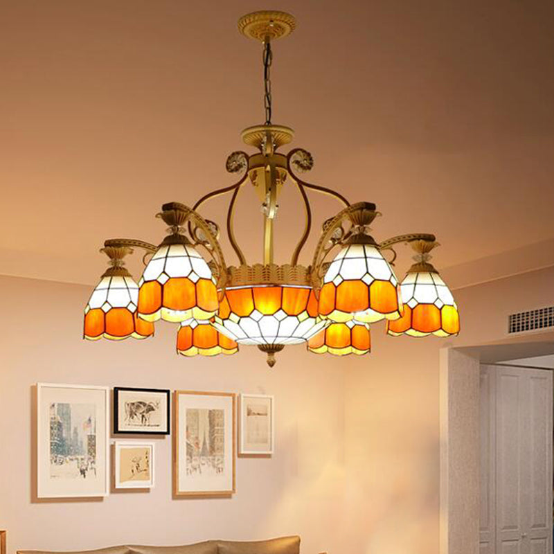 Cut Glass Orange/Blue/Dark Blue Hanging Chandelier Domed 8/11 Lights Tiffany Style Pendant Light Kit, 31.5"/37.5" Wide Orange 31.5" Clearhalo 'Ceiling Lights' 'Chandeliers' 'Close To Ceiling Lights' 'Industrial' 'Middle Century Chandeliers' 'Tiffany Chandeliers' 'Tiffany close to ceiling' 'Tiffany' Lighting' 295898