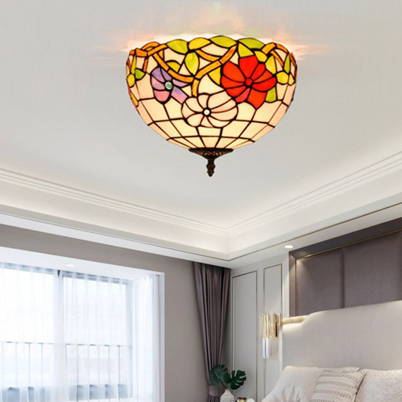 2/3 Lights Peony Ceiling Lighting Tiffany Bronze Stained Glass Flush Mount Light Fixture for Bedroom Clearhalo 'Ceiling Lights' 'Close To Ceiling Lights' 'Close to ceiling' 'Flush mount' Lighting' 295901