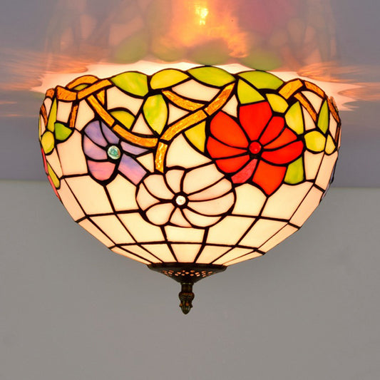 2/3 Lights Peony Ceiling Lighting Tiffany Bronze Stained Glass Flush Mount Light Fixture for Bedroom Clearhalo 'Ceiling Lights' 'Close To Ceiling Lights' 'Close to ceiling' 'Flush mount' Lighting' 295902