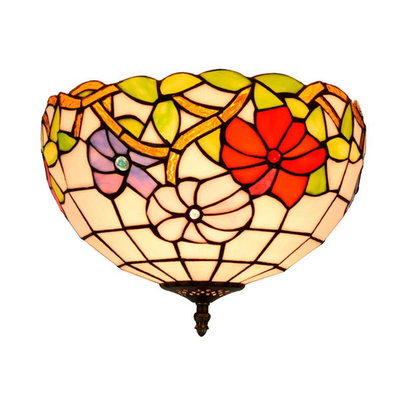 2/3 Lights Peony Ceiling Lighting Tiffany Bronze Stained Glass Flush Mount Light Fixture for Bedroom Clearhalo 'Ceiling Lights' 'Close To Ceiling Lights' 'Close to ceiling' 'Flush mount' Lighting' 295903