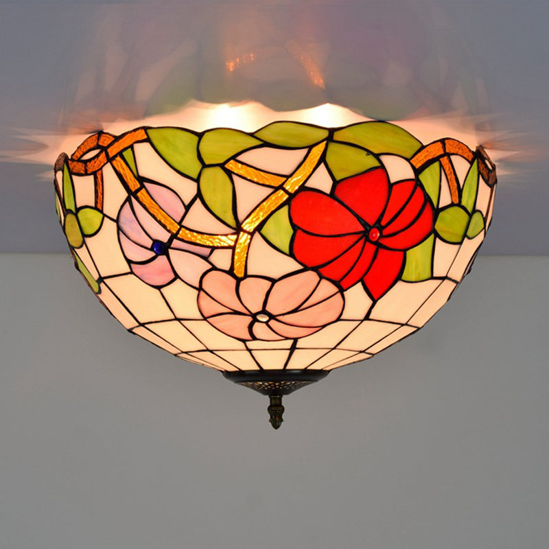 2/3 Lights Peony Ceiling Lighting Tiffany Bronze Stained Glass Flush Mount Light Fixture for Bedroom Clearhalo 'Ceiling Lights' 'Close To Ceiling Lights' 'Close to ceiling' 'Flush mount' Lighting' 295906