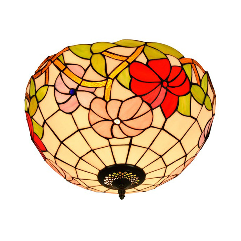 2/3 Lights Peony Ceiling Lighting Tiffany Bronze Stained Glass Flush Mount Light Fixture for Bedroom Clearhalo 'Ceiling Lights' 'Close To Ceiling Lights' 'Close to ceiling' 'Flush mount' Lighting' 295907