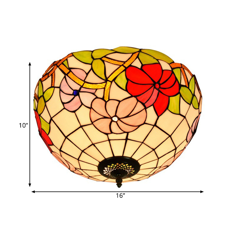 2/3 Lights Peony Ceiling Lighting Tiffany Bronze Stained Glass Flush Mount Light Fixture for Bedroom Clearhalo 'Ceiling Lights' 'Close To Ceiling Lights' 'Close to ceiling' 'Flush mount' Lighting' 295908