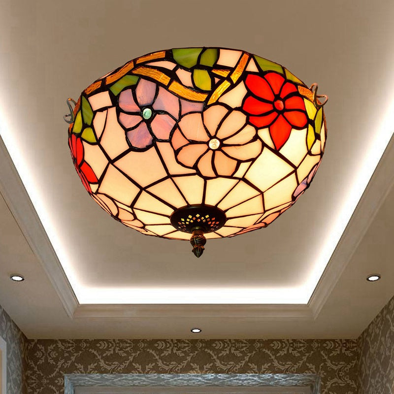 2/3 Lights Peony Ceiling Lighting Tiffany Bronze Stained Glass Flush Mount Light Fixture for Bedroom Bronze C Clearhalo 'Ceiling Lights' 'Close To Ceiling Lights' 'Close to ceiling' 'Flush mount' Lighting' 295909