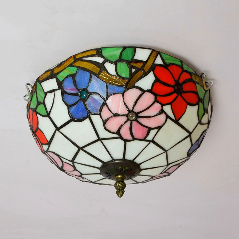 2/3 Lights Peony Ceiling Lighting Tiffany Bronze Stained Glass Flush Mount Light Fixture for Bedroom Clearhalo 'Ceiling Lights' 'Close To Ceiling Lights' 'Close to ceiling' 'Flush mount' Lighting' 295910