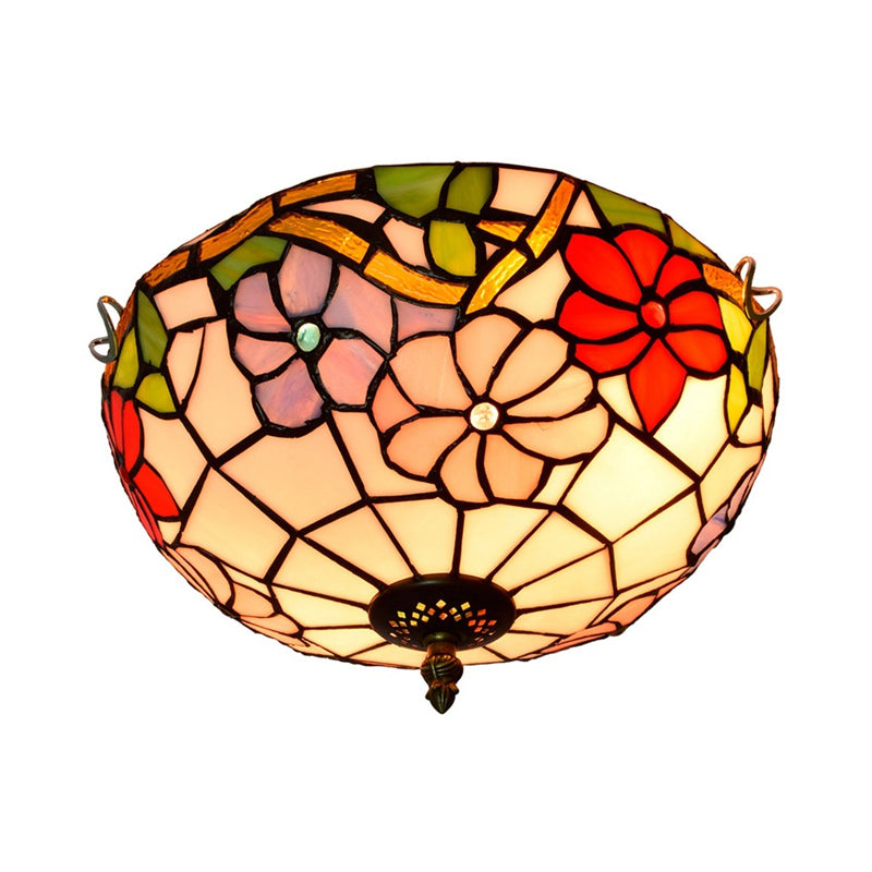 2/3 Lights Peony Ceiling Lighting Tiffany Bronze Stained Glass Flush Mount Light Fixture for Bedroom Clearhalo 'Ceiling Lights' 'Close To Ceiling Lights' 'Close to ceiling' 'Flush mount' Lighting' 295911