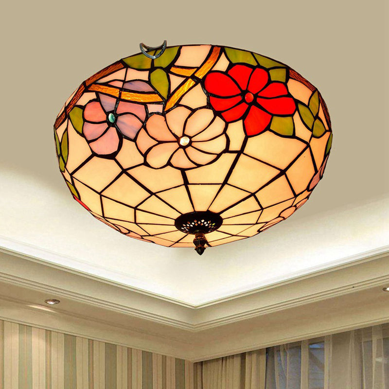 2/3 Lights Peony Ceiling Lighting Tiffany Bronze Stained Glass Flush Mount Light Fixture for Bedroom Bronze D Clearhalo 'Ceiling Lights' 'Close To Ceiling Lights' 'Close to ceiling' 'Flush mount' Lighting' 295913