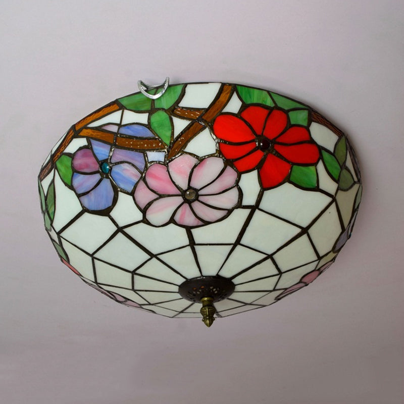 2/3 Lights Peony Ceiling Lighting Tiffany Bronze Stained Glass Flush Mount Light Fixture for Bedroom Clearhalo 'Ceiling Lights' 'Close To Ceiling Lights' 'Close to ceiling' 'Flush mount' Lighting' 295914