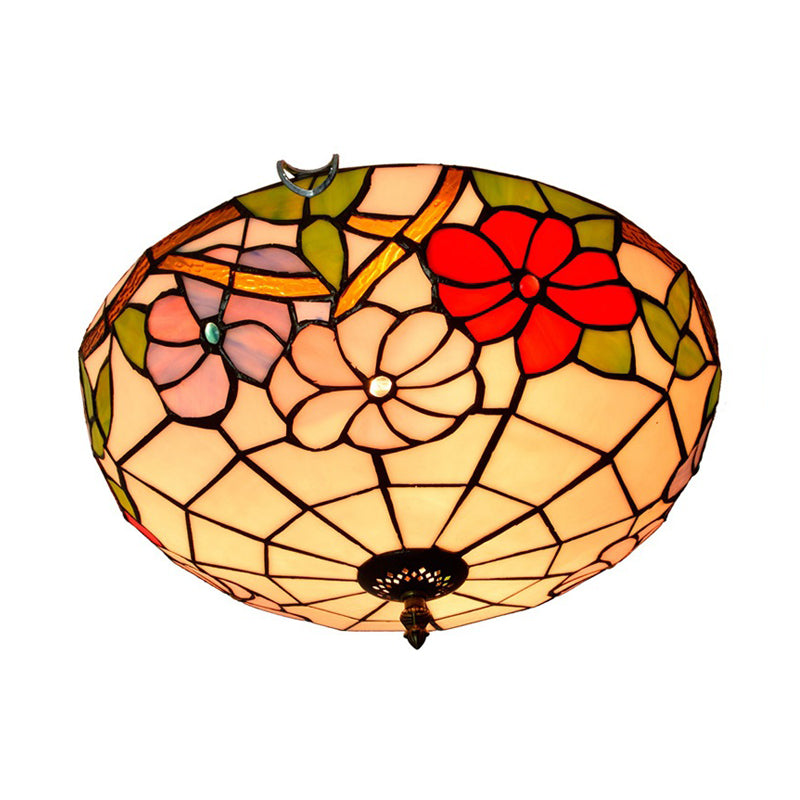 2/3 Lights Peony Ceiling Lighting Tiffany Bronze Stained Glass Flush Mount Light Fixture for Bedroom Clearhalo 'Ceiling Lights' 'Close To Ceiling Lights' 'Close to ceiling' 'Flush mount' Lighting' 295915