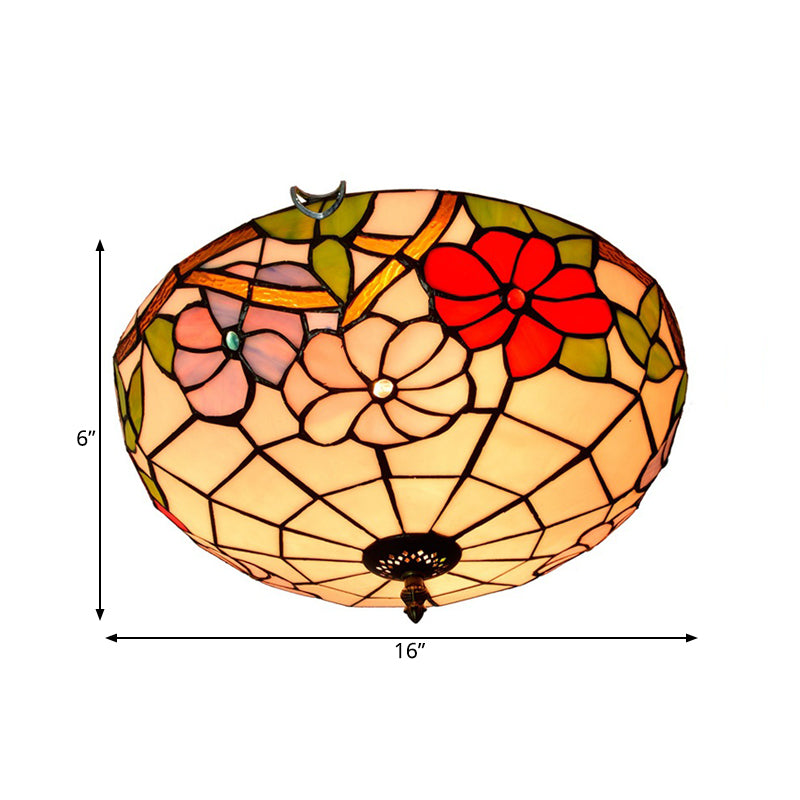 2/3 Lights Peony Ceiling Lighting Tiffany Bronze Stained Glass Flush Mount Light Fixture for Bedroom Clearhalo 'Ceiling Lights' 'Close To Ceiling Lights' 'Close to ceiling' 'Flush mount' Lighting' 295916