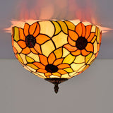 Stained Glass Sunflower Ceiling Fixture Tiffany 2/3 Lights Yellow and Green Flushmount Ceiling Lamp, 12"/16" W Clearhalo 'Ceiling Lights' 'Close To Ceiling Lights' 'Close to ceiling' 'Flush mount' Lighting' 295923