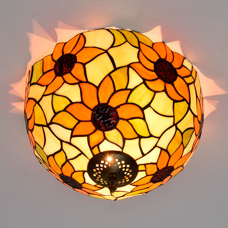 Stained Glass Sunflower Ceiling Fixture Tiffany 2/3 Lights Yellow and Green Flushmount Ceiling Lamp, 12"/16" W Clearhalo 'Ceiling Lights' 'Close To Ceiling Lights' 'Close to ceiling' 'Flush mount' Lighting' 295924