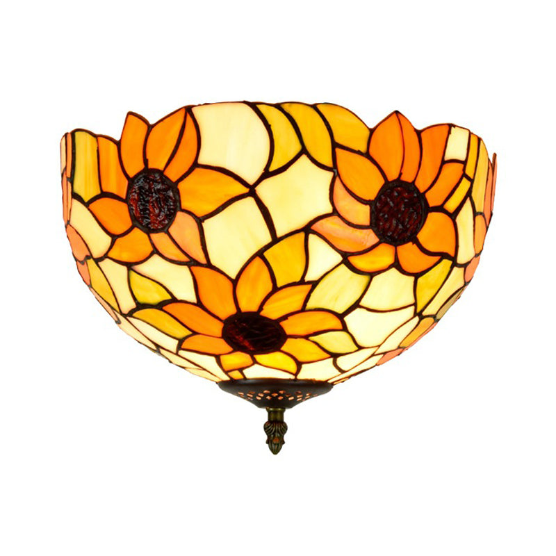 Stained Glass Sunflower Ceiling Fixture Tiffany 2/3 Lights Yellow and Green Flushmount Ceiling Lamp, 12"/16" W Clearhalo 'Ceiling Lights' 'Close To Ceiling Lights' 'Close to ceiling' 'Flush mount' Lighting' 295925